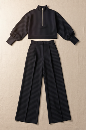 PRASSEDE - Completo gessato con top mezza zip e pantaloni ampi