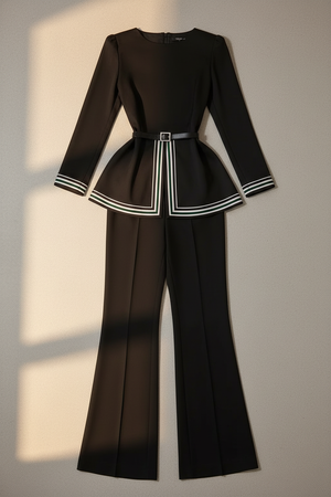 ALIDA - Completo nero con cintura, peplum e pantaloni flare