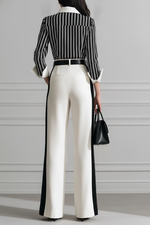 ELIANA - Completo rigato con colletto a contrasto e pantaloni ampi