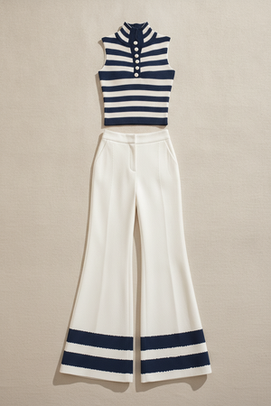 LUCINA - Completo smanicato rigato con pantaloni palazzo a vita alta