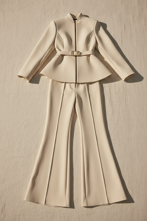 ELISABETTA - Completo beige chiaro con volant e pantaloni wide leg