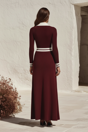 FIORDALISO - Abito maxi maglia coste bordeaux zip mezza bordi bianchi