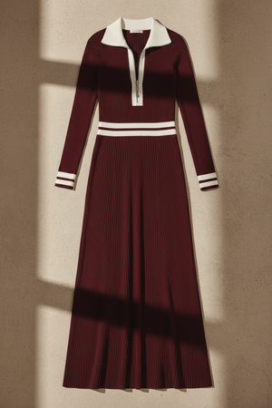 FIORDALISO - Abito maxi maglia coste bordeaux zip mezza bordi bianchi