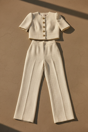 SELVAGGIA - Completo in tweed con giacca cropped e pantaloni wide-leg a vita alta