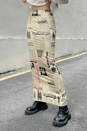 FIESCO - Gonna maxi beige con stampa giornale vintage