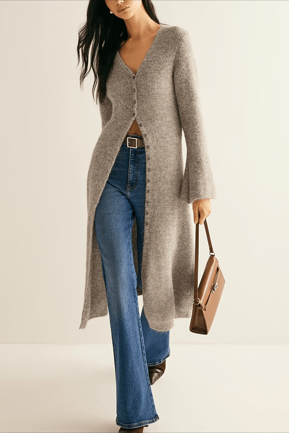 PORCIA - Cardigan elegante con cintura e scollo a V