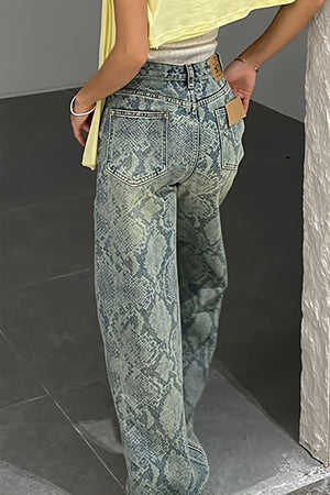 MAREBBE - Jeans dritti blu a vita alta stampa snake