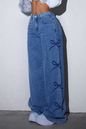 ALTIDONA - Jeans wide leg a vita alta con fiocchi