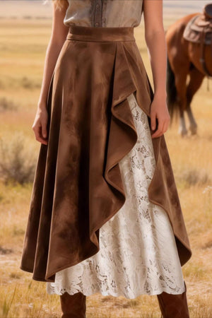 MANIACE - Gonna midi marrone effetto scamosciato con pizzo