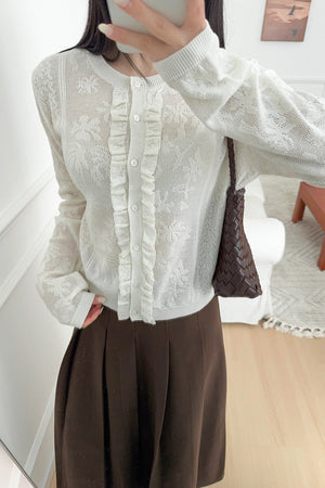 ZECCONE - Soft-Style Stand-Collar Frog-Button Lace Cutout Cardigan