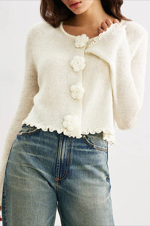 GIRASOLE - Cardigan slim fit in maglia con volant floreali 3D