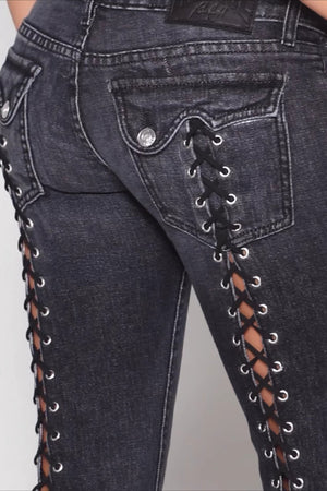 MOIANO - Jeans svasati a vita bassa con lacci posteriori