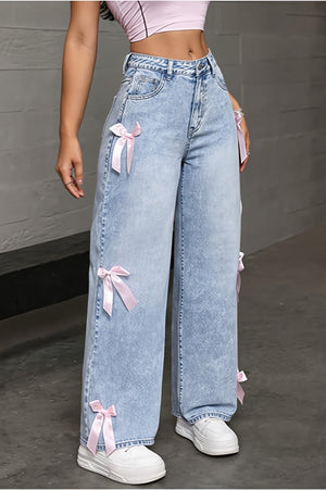 CERVIA - Jeans dritti a vita media con fiocchi decorativi