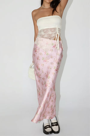 BENEVELLO - Gonna lunga rosa satinata a fiori