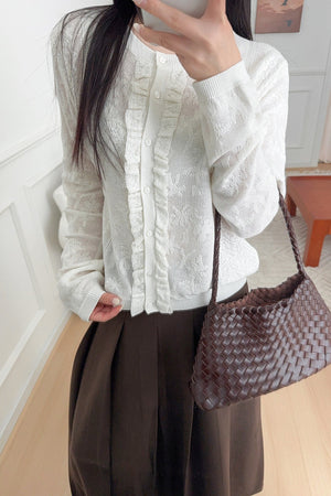ZECCONE - Soft-Style Stand-Collar Frog-Button Lace Cutout Cardigan