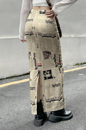FIESCO - Gonna maxi beige con stampa giornale vintage