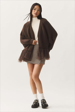 BRIENZA - Cardigan in maglia traforata con volant