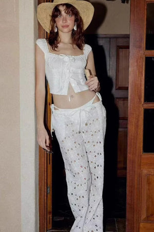 LARA - Chic White Floral Embroidery Relaxed Pants