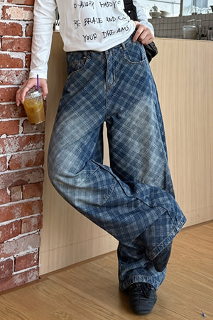 VERONICA - Jeans blu a gamba curva con stampa a quadri