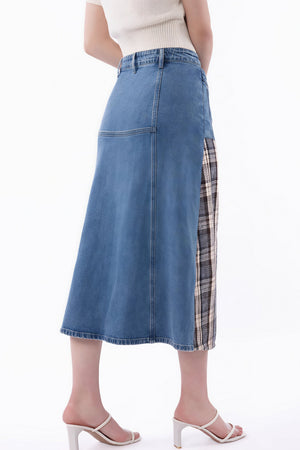 PICASSO - Gonna midi in denim con inserti a quadri