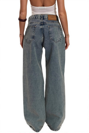 FRIDA - Jeans dritti blu con inserti in tulle