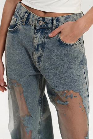 FRIDA - Jeans dritti blu con inserti in tulle
