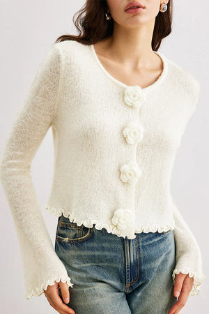 GIRASOLE - Cardigan slim fit in maglia con volant floreali 3D