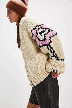 VOLTAGGIO - Cardigan lungo beige con stampa grafica