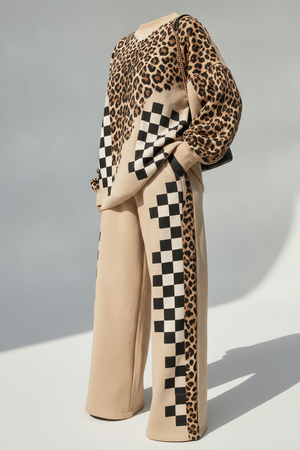 ROCCAGORGA - Set due pezzi beige con stampa animalier e scacchi neri