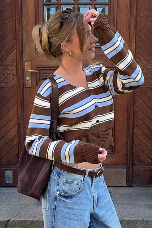 TRIBIANO - Retro Niche Striped Slim-Fit Long-Sleeve Knit Cardigan