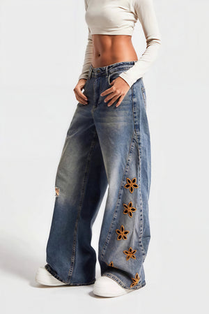 VALLERANO - Jeans a vita alta con ricami floreali