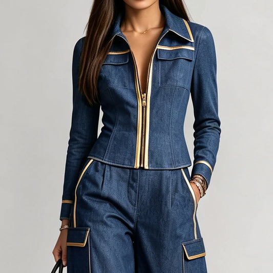 ONDINA - Blusa in denim con collo revers, zip e bordi a contrasto