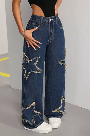 MANCIANO - Jeans dritti a vita alta con frange e stelle
