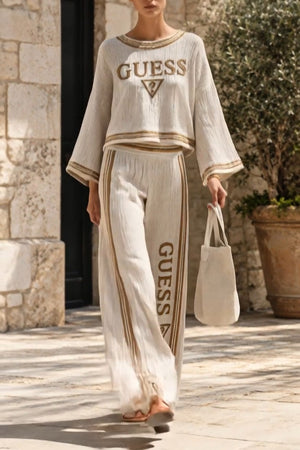 Guess TEST 10LOGOS Coordinato • Tessuto plissettato • Bordi a righe beige e bianche — Berenice — SHOT 1