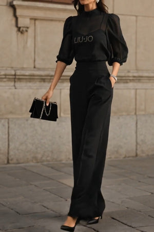 VINCENZA LIU JO - Completo blusa in voile e pantaloni palazzo neri — SHOT 3
