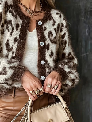 Maglione da donna con stampa leopardata, cardigan aperto a maniche lunghe con scollo rotondo, design jacquard leopardato, capo primaverile versatile, streetwear alla moda, abbigliamento elegante per u — foto 2