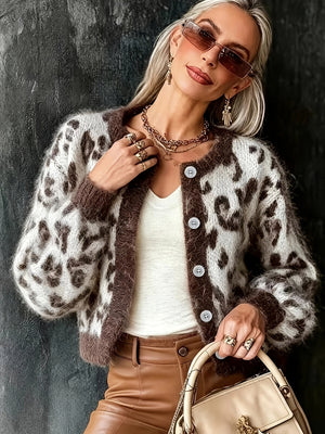 Maglione da donna con stampa leopardata, cardigan aperto a maniche lunghe con scollo rotondo, design jacquard leopardato, capo primaverile versatile, streetwear alla moda, abbigliamento elegante per u — foto 3