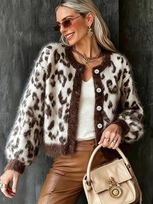 Maglione da donna con stampa leopardata, cardigan aperto a maniche lunghe con scollo rotondo, design jacquard leopardato, capo primaverile versatile, streetwear alla moda, abbigliamento elegante per u — foto 4